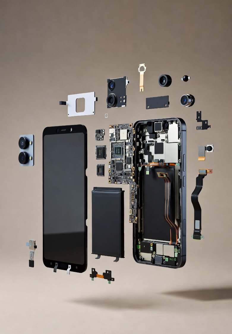Exploded view of mobile device architecture showing AI integration layers - Status: Coming Soon